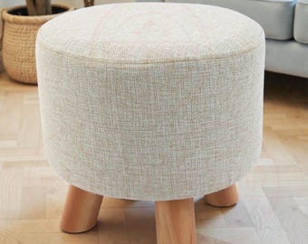 Small Wooden Footstool Ottoman | Modern Linen/Velvet Foot Rest