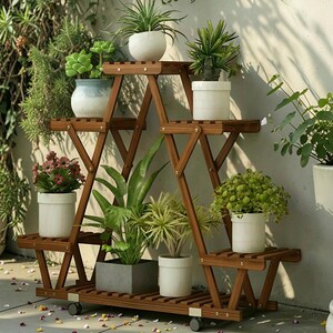 Movable Tiered Wooden Plant Stand with Wheels, 6 Pots Rustic Pine Wood Balcony Decor