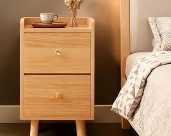 Slim Wood Bedside Table, Narrow Nightstand with 2 Drawers, Modern Storage Cabinet