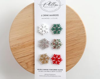 Dijes de vino con forma de copo de nieve, marcadores de bebidas, etiqueta magnética para cócteles, juego de 6 colores