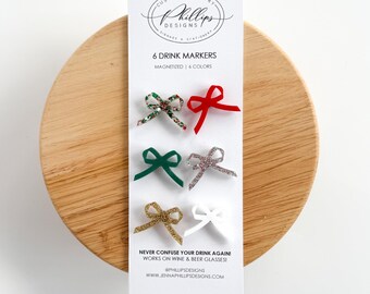 Adornos de vino con forma de lazo, marcadores de bebidas, etiquetas magnéticas para cócteles, juego de 6 colores