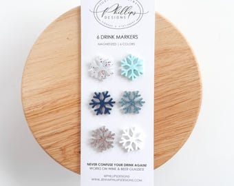 Dijes de vino con forma de copo de nieve, marcadores de bebidas, etiqueta magnética para cócteles, juego de 6 colores