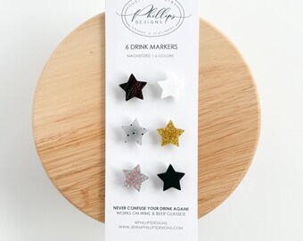 Dijes de vino con forma de estrella, marcadores de bebidas, etiquetas magnéticas para cócteles, juego de 6 colores diferentes