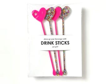 Agitadores de bebidas con forma de corazón - Rosa y purpurina, Palitos de cóctel acrílicos reutilizables, Decoraciones para fiestas