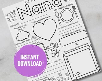 All About My Nana Printable | Nana Gift from Kids | Fill in the Blank Coloring Page | Mother’s Day Nana Keepsake | Digital Download