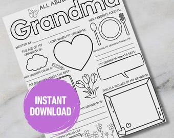 All About My Grandma Printable | Grandma Gift from Kids | Fill In Coloring Page | Mother’s Day Grandma Keepsake | Digital Download