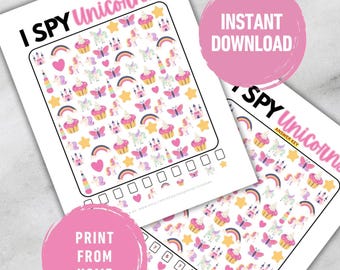 I Spy Unicorns Printable Game for Kids | Unicorn Activity Sheet | Preschool Toddler I Spy | Birthday Party Game PDF