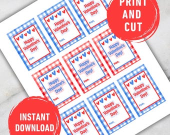 Printable Valentine’s Day Cards for Kids – Red Blue Gingham Classroom Valentines – Instant Download From Cards DIY School Exchange