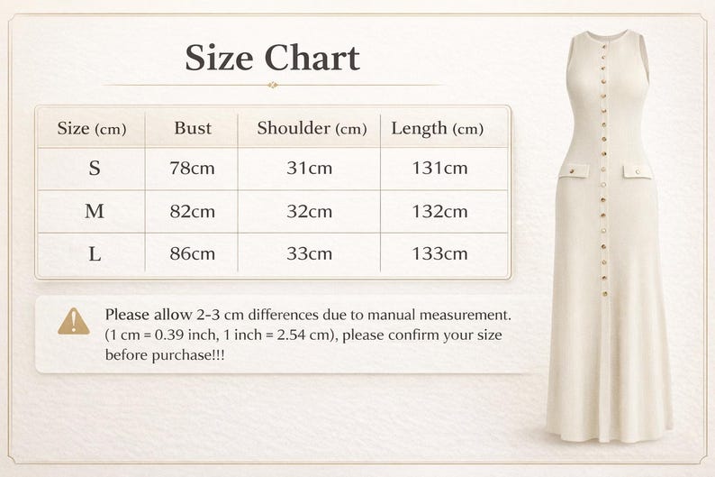 May include: Cream-colored sleeveless dress with a button-down front and two small pockets. The image includes a size chart with measurements in centimeters: Bust (78-86cm), Shoulder (31-33cm), and Length (131-133cm). The text advises confirming size before purchase.