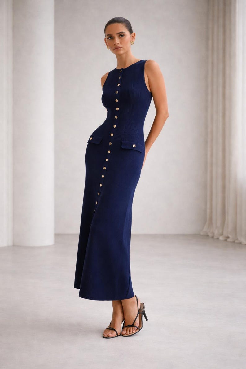 May include: A sleeveless, navy blue dress with a row of gold buttons down the front. The dress features two small pockets and a flared skirt. The model is wearing black heels. The dress is a sophisticated, elegant design.