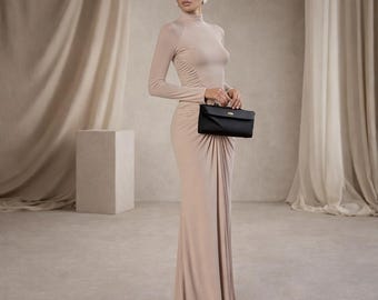 Women Solid Skinny Bodycon Dress, Long Sleeve Maxi Style Dress, Elasticity Party Vestidos, Elegant Formal Evening Dress