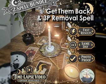 May include: A spell bundle kit featuring a white candle in a circular holder, a black cauldron, tarot cards with cat illustrations, a wooden tree of life plaque, and text reading 2 Spell Bundle Get Them Back & 3P Removal Spell.