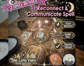 May include: A spell bundle kit featuring a pink candle in a metal holder, dried herbs, and tarot cards with cat illustrations. The text reads 2 Spell Bundle, Reconnect & Communicate Spell, Fast Results, Same Day, Photo Proof, and Time-Lapse Video Option Available.