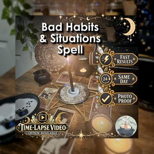 May include: A black candle in a white holder sits on a metal plate with salt, surrounded by tarot cards, a small black cauldron, and a wax warmer. Text reads Bad Habits & Situations Spell, Fast Results, Same Day, Photo Proof, and Time-Lapse Video.