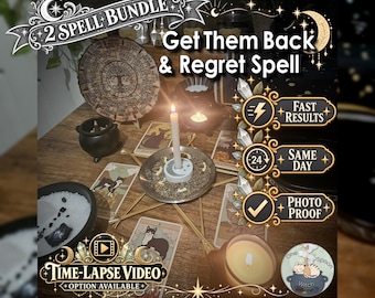 May include: A ritual set featuring a central white candle in a metal dish with herbs, surrounded by tarot cards, a small black cauldron, a wooden circular plaque with tree imagery, and text overlays including 2 Spell Bundle and Get Them Back & Regret Spell.