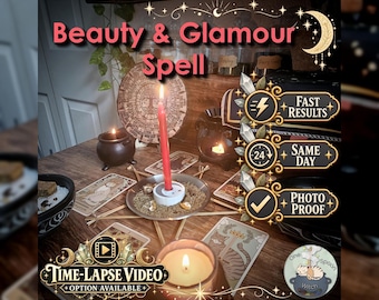 May include: A red candle stands in a metal dish surrounded by wooden sticks and tarot cards. Text reads Beauty & Glamour Spell, Fast Results, Same Day, Photo Proof, and Time-Lapse Video Option Available. A small black cauldron and a circular wooden plaque are visible.