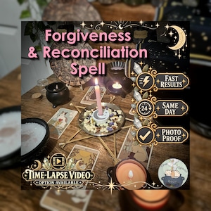 May include: A ritual setup featuring a pink candle in a moon-shaped holder, surrounded by dried herbs on a metal plate, tarot cards, a small black cauldron, and a wax warmer. Text reads: Forgiveness & Reconciliation Spell, Fast Results, Same Day, Photo Proof, Time-Lapse Video Option Available, and One Spoon Witch.