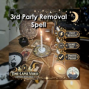 May include: A 3rd Party Removal Spell display featuring a white candle in a circular holder, a small black cauldron, tarot cards with cat illustrations, a wooden calendar disc, and text overlays including Fast Results, Same Day, and Photo Proof.
