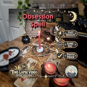 May include: A ritual setup featuring a red candle in a metal dish, surrounded by tarot cards, a small black cauldron, and a wooden star-shaped frame. Text overlays include Obsession Spell, Fast Results, Same Day, Photo Proof, and Time-Lapse Video.
