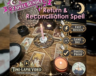 Puede incluir: Un kit de hechizos con una vela rosa en un soporte de metal, rodeado de cartas de tarot con ilustraciones de gatos, un pequeño caldero negro, una rueda de calendario de madera y el texto 2 Spell Bundle Return & Reconciliation Spell con iconos.
