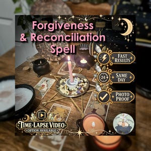 Puede incluir: Un conjunto ritual con una vela rosa en un soporte, rodeada de hierbas secas en un plato de metal, cartas de tarot, un pequeño caldero negro y un calentador de cera. El texto incluye Forgiveness & Reconciliation Spell, Fast Results, Same Day, Photo Proof y Time-Lapse Video Option Available.