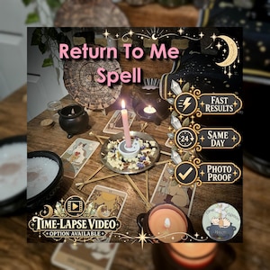 May include: A Return To Me Spell display featuring a pink candle in a silver dish with dried herbs, surrounded by tarot cards, a small black cauldron, and a wooden circular board. Text overlays include Fast Results, Same Day, Photo Proof, and Time-Lapse Video.