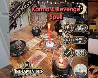 May include: A ritual setup featuring a red candle in a metal dish, surrounded by tarot cards, small black cauldrons, and a wooden disc with a tree design. Text overlays include Karma & Revenge Spell, Fast Results, Same Day, Photo Proof, and Time-Lapse Video.