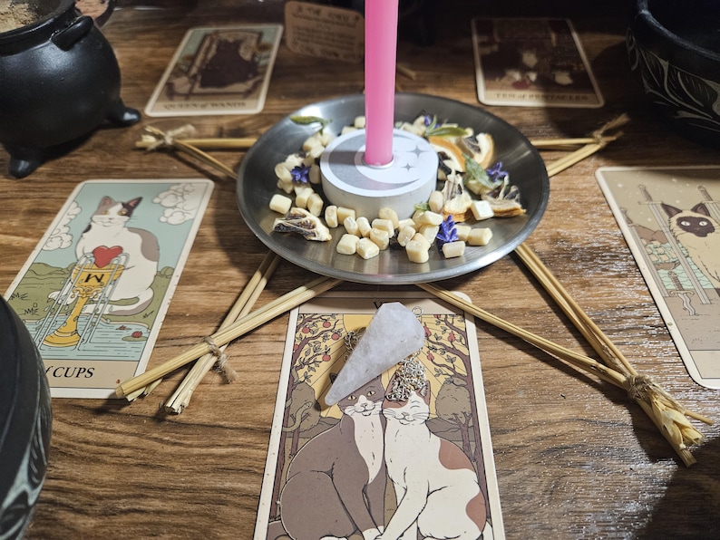May include: A pink candle stands in a silver metal dish filled with dried herbs and small white cubes. A clear crystal pendulum rests on a tarot card featuring two cats. A star-shaped frame made of thin wooden sticks surrounds the central dish.