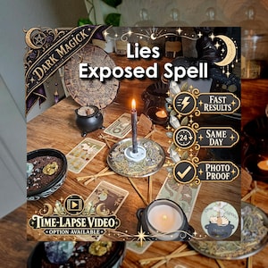 Könnte beinhalten: Ein Ritual-Set mit einer schwarzen Kerze in einer Metallschale, umgeben von Kräutern, Tarotkarten und kleinen schwarzen Kesseln. Textüberlagerungen zeigen Dark Magick, Lies Exposed Spell, Fast Results, Same Day, Photo Proof und Time-Lapse Video Option.