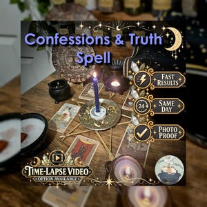 May include: A wooden table displays a Confessions & Truth Spell setup with a purple candle in a metal dish, dried herbs, tarot cards featuring cats, a small black cauldron, and text overlays including Fast Results and Time-Lapse Video.