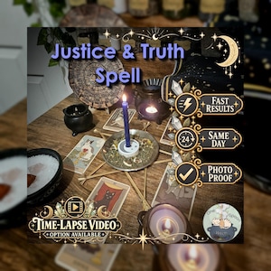 May include: A ritual setup on a wooden surface featuring a blue candle in a metal holder, dried herbs, tarot cards, and small black cauldrons. Text overlays include Justice & Truth Spell, Fast Results, Same Day, Photo Proof, and Time-Lapse Video.