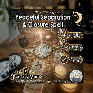 May include: A ritual setup featuring a central white candle in a holder surrounded by a star-shaped arrangement of sticks, tarot cards with cat illustrations, a small black cauldron, and text reading Peaceful Separation & Closure Spell.