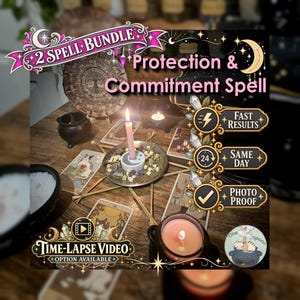 May include: A spell bundle kit featuring a pink candle in a circular holder, surrounded by dried herbs and tarot cards on a wooden surface. Text overlays include 2 Spell Bundle, Protection & Commitment Spell, Fast Results, Same Day, Photo Proof, and Time-Lapse Video.