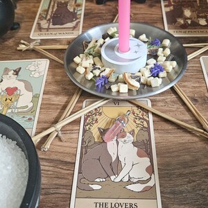 May include: A pink candle in a metal dish filled with dried herbs and fruit pieces, centered on a star made of straw sticks. Surrounding the star are tarot cards featuring cat illustrations, a bowl of white salt with a crystal, and black cauldrons.