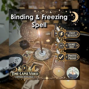 May include: A black candle in a white holder sits on a metal plate filled with salt, surrounded by tarot cards, a small black cauldron, and a wax warmer. Text overlays read Binding & Freezing Spell, Fast Results, Same Day, Photo Proof, and Time-Lapse Video.