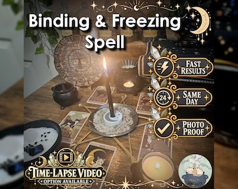 May include: A black candle in a white holder sits on a metal plate filled with salt, surrounded by tarot cards, a small black cauldron, and a wax warmer. Text overlays read Binding & Freezing Spell, Fast Results, Same Day, Photo Proof, and Time-Lapse Video.