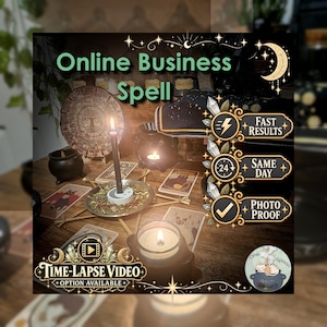 Può includere: Un tavolo in legno mostra un setup per Online Business Spell con una candela nera, un disco calendario circolare, carte dei tarocchi e un piccolo calderone. Il testo include Fast Results, Same Day, Photo Proof e Time-Lapse Video Option Available.