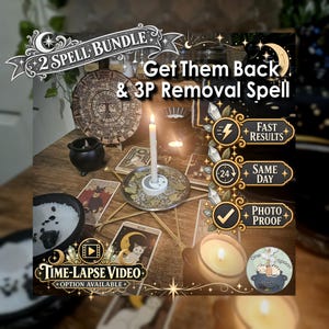 Può includere: Un pacchetto di 2 incantesimi con il testo Get Them Back & 3P Removal Spell. Il set include una candela accesa in un supporto, carte dei tarocchi con illustrazioni di gatti, un piccolo calderone nero, un disco calendario in legno e badge di testo per Fast Results, Same Day, Photo Proof e Time-Lapse Video option available.