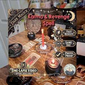 May include: A ritual setup featuring a red candle in a metal dish, surrounded by tarot cards, small black cauldrons, and wooden sticks arranged in a star shape. Text overlays include "Dark Magick," "Karma & Revenge Spell," and "Fast Results."