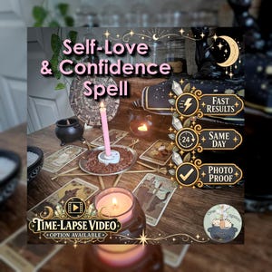 May include: A ritual setup featuring a pink candle in a metal dish with brown crystals, surrounded by tarot cards and a small black cauldron. Text overlays read Self-Love & Confidence Spell, Fast Results, Same Day, Photo Proof, and Time-Lapse Video.