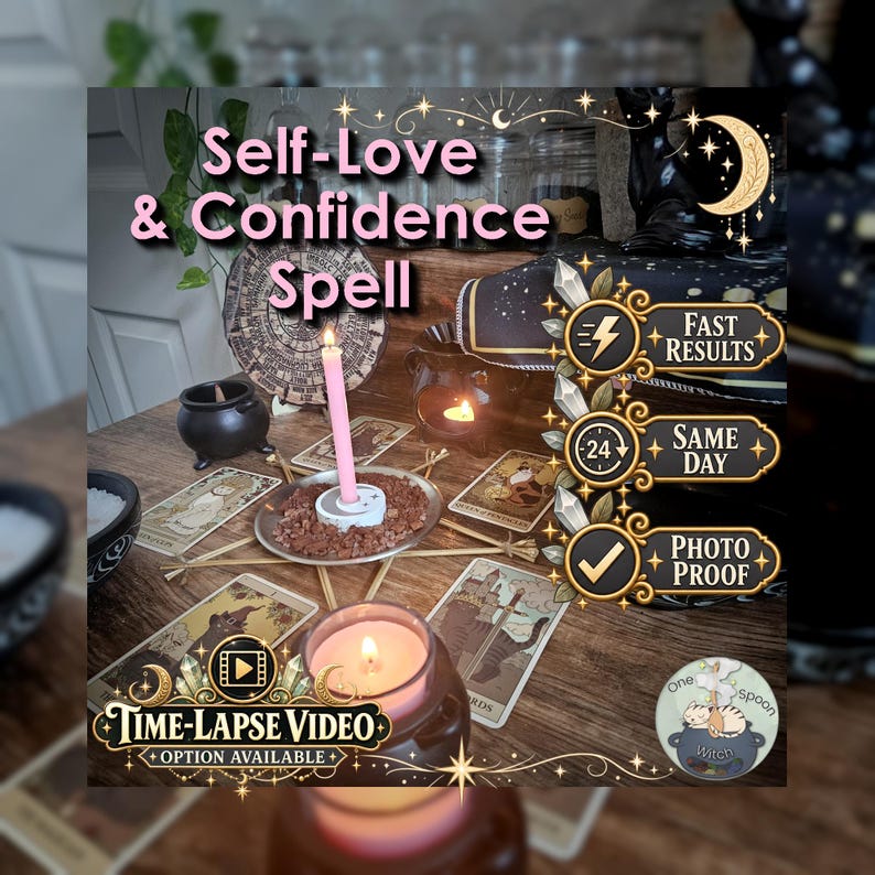 May include: A ritual setup featuring a pink candle in a metal dish with brown crystals, surrounded by tarot cards and a small black cauldron. Text overlays read Self-Love & Confidence Spell, Fast Results, Same Day, Photo Proof, and Time-Lapse Video.