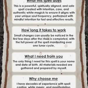 May include: An FAQ sheet with a parchment-like background and a dark border. The text includes information about a spell, its effects, duration, requirements, and the experience of the spellcaster. The title "FAQ" is at the top.