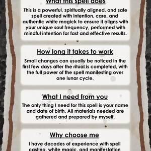 May include: A beige-colored FAQ sheet with text about a spell. The text includes what the spell does, how long it takes to work, what is needed, and why to choose the service. The sheet has a decorative border.