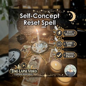 May include: A ritual setup featuring a central white candle in a holder surrounded by a star-shaped arrangement of sticks, tarot cards with cat illustrations, a small black cauldron, and a bowl of white salt. Text reads Self-Concept Reset Spell.