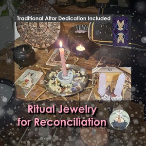 May include: A ritual set featuring a pink candle in a moon-themed holder, dried herbs, tarot cards with cat illustrations, a black cauldron, a wooden wheel of the year, and two clear quartz crystals. Text reads: Traditional Altar Dedication Included.
