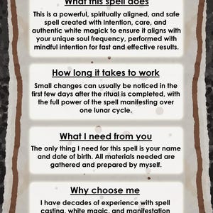 May include: An FAQ sheet with text about a spell. The top of the sheet reads "FAQ". The text describes the spell's purpose, duration, requirements, and the experience of the spell caster.