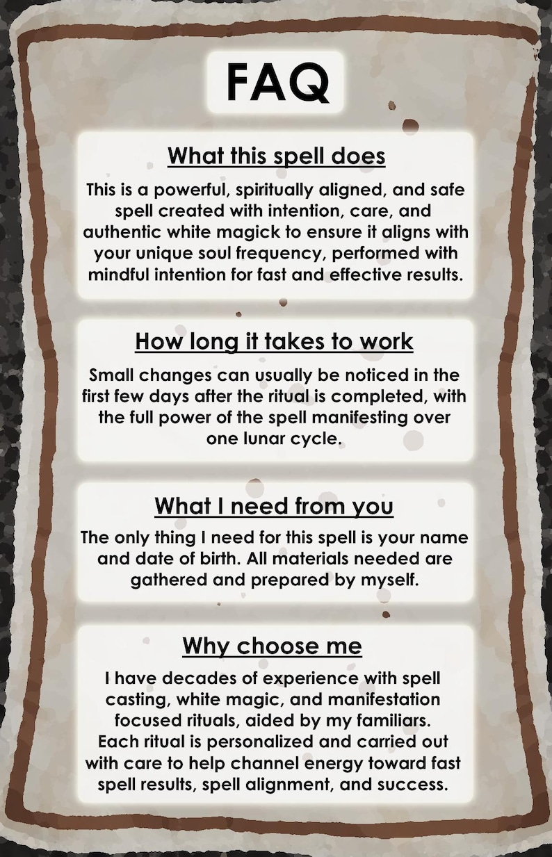 May include: An FAQ sheet with text about a spell. The top of the sheet reads "FAQ". The text describes the spell's purpose, duration, requirements, and the experience of the spell caster.