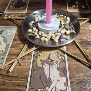 May include: A silver metal candle holder with a pink taper candle, surrounded by dried orange slices, small white wax cubes, and purple flower petals. The holder sits atop a pentagram made of thin wooden sticks, arranged over several tarot cards.