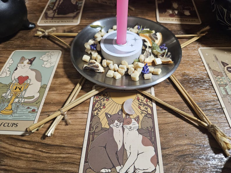 May include: A silver metal candle holder with a pink taper candle, surrounded by dried orange slices, small white wax cubes, and purple flower petals. The holder sits atop a pentagram made of thin wooden sticks, arranged over several tarot cards.