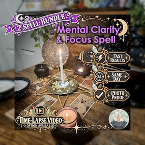 Peut inclure: Un lot de 2 sorts pour la clarté mentale et la concentration avec une bougie blanche allumée sur une base en étoile avec des herbes séchées, entourée de cartes de tarot, d'un petit chaudron noir et de textes incluant Fast Results, Same Day, Photo Proof.
